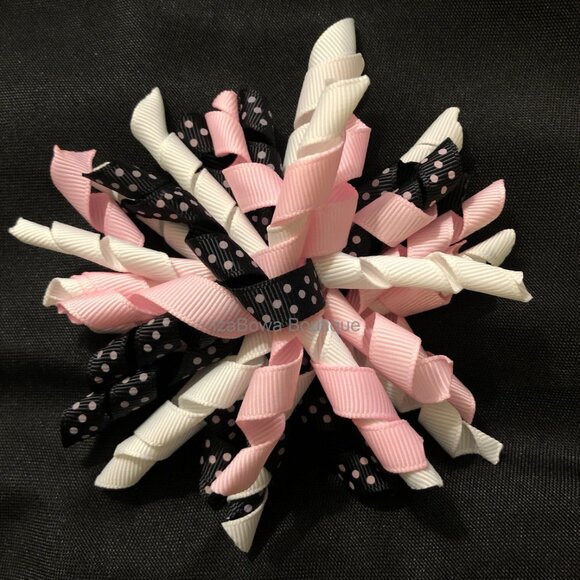 Light Pink, White & Black Polka Dot Korker Bow   HANDCRAFTED - Picture 3 of 3